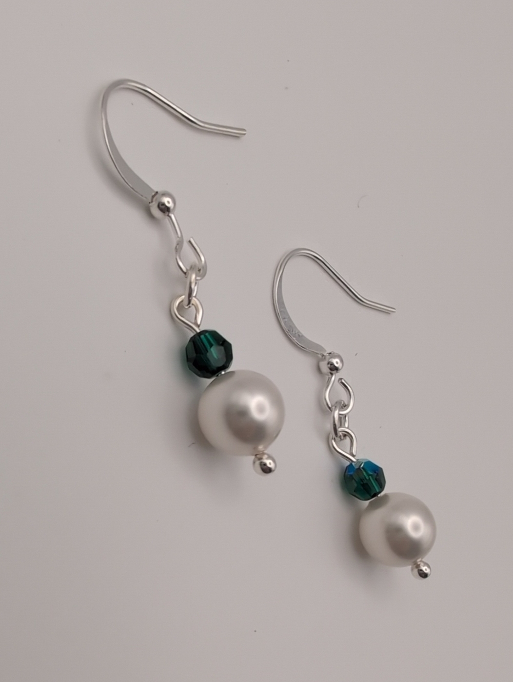 Handmade Classic Swarovski Glasss Pearl Drop Earrings with Teal Crystal Accent